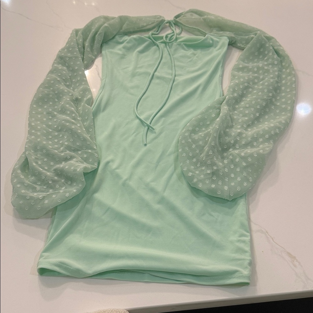 Lucy in The Sky Mint Green Dress with Sheer Polka Dot Sleeves